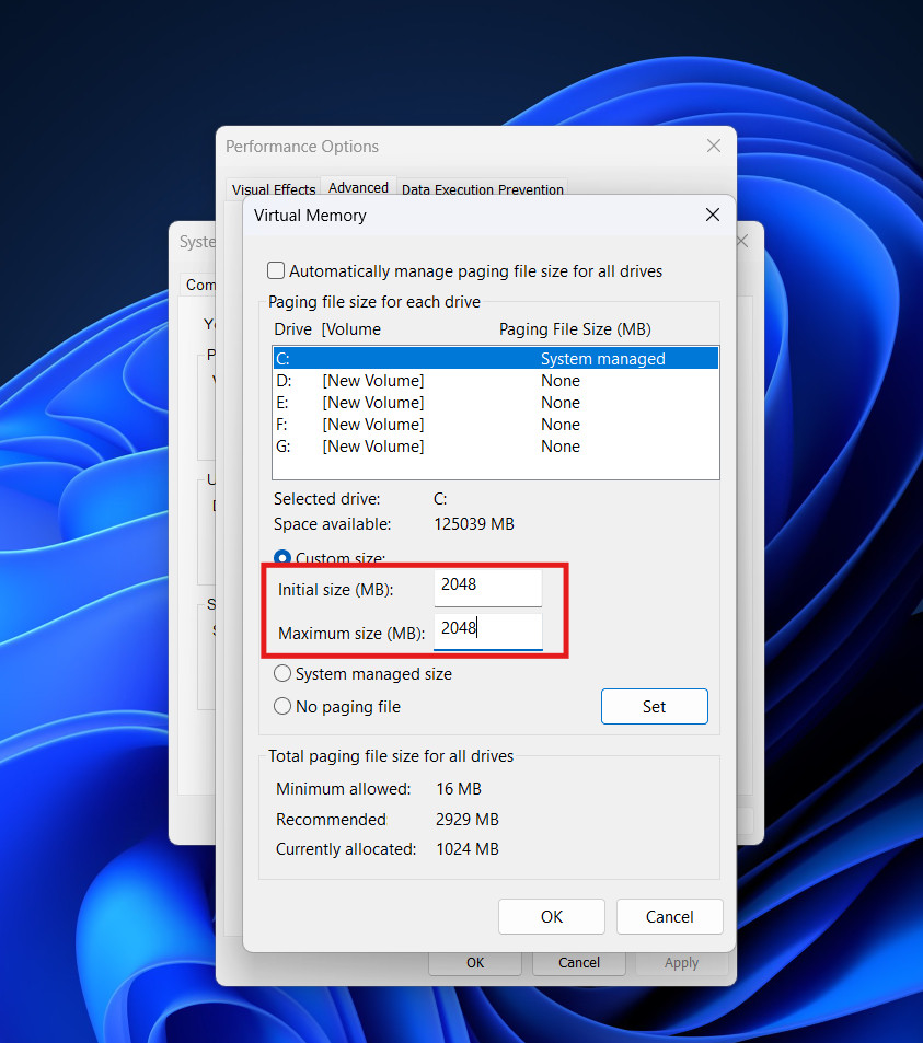 Initial and Maximum Size