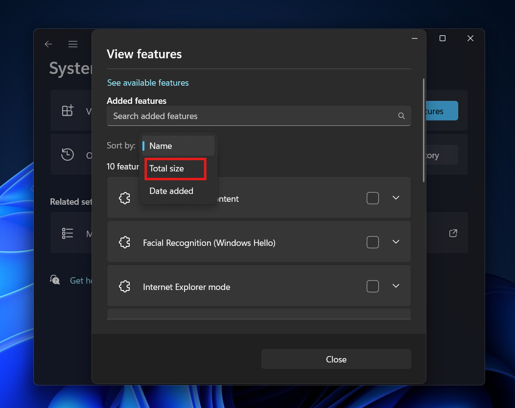 Sort Features By Size