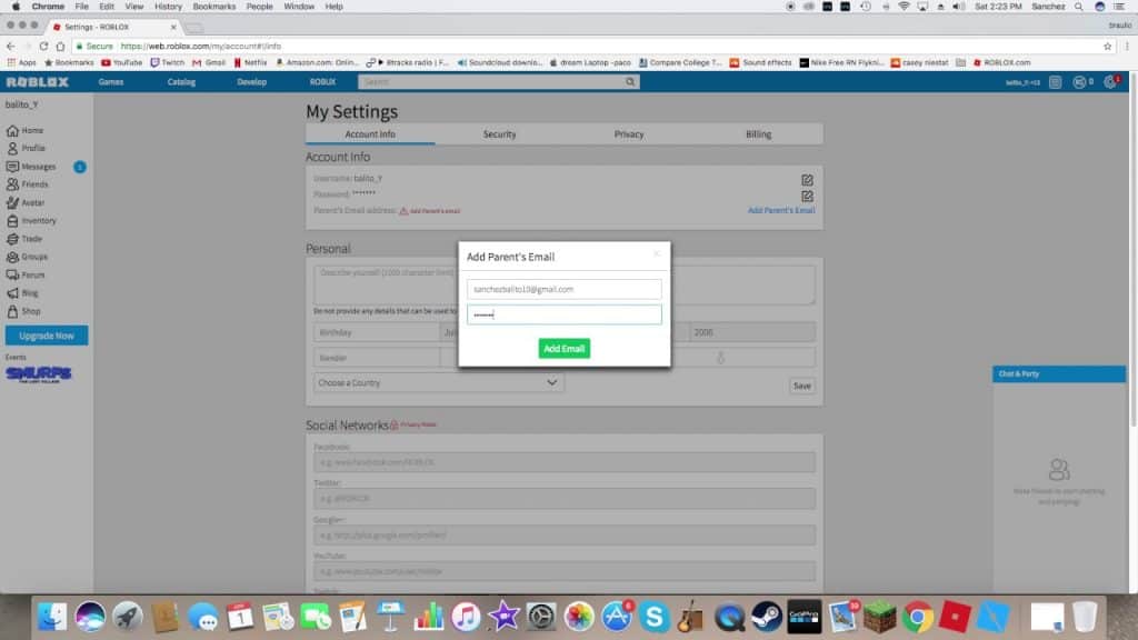 parent's email address roblox