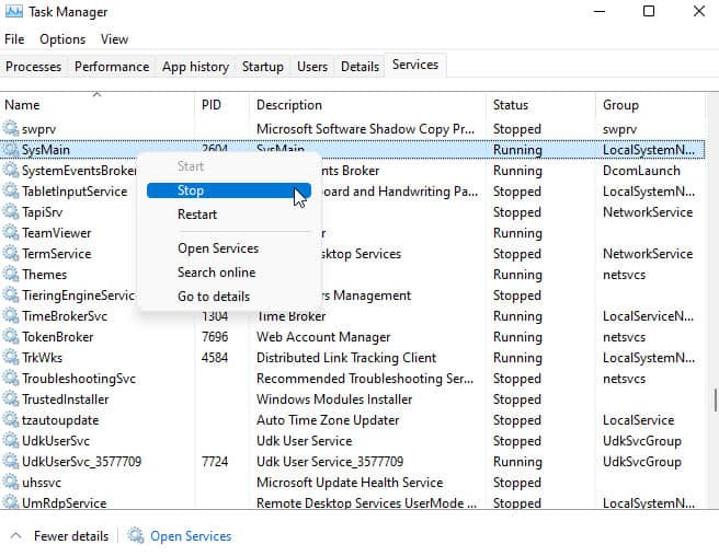 Disable SysMain Service on Windows