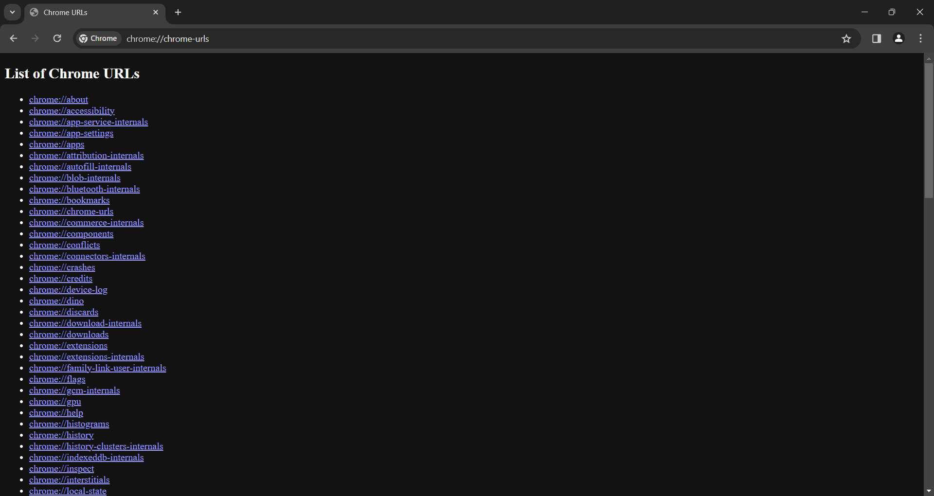 The List of Chrome URLs for Internal Built-in Pages 